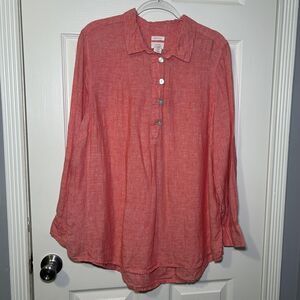 SIGRID OLSEN Blouse Women's 1X Pink Linen Long Sleeve Collared Tunic Top Relaxed